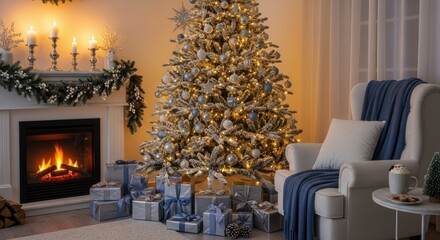 Festive living room setting displays a warm fireplace and a brightly lit holiday tree with wrapped presents