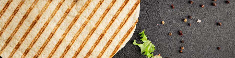 Lavash grill flatbreads ready to eat tasty snack fresh gourmet food background on table rustic food top view copy space