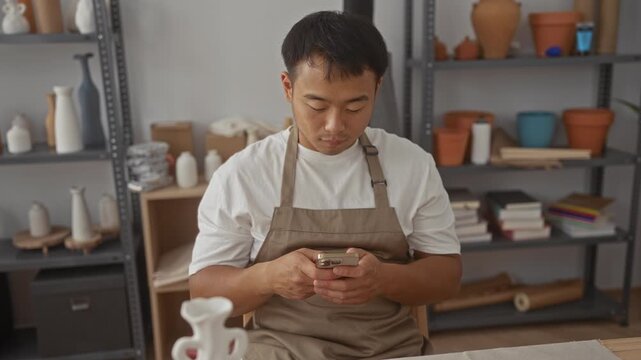 Man taps smartphone screen while seated at ceramic worktable scattered with clay modeling tools in studio; serenity.
