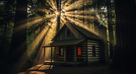 Rustic wooden cabin nestled among towering trees bathed in dramatic sunbeams