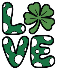 LOVE lettering with shamrock and green polka dot pattern vector.