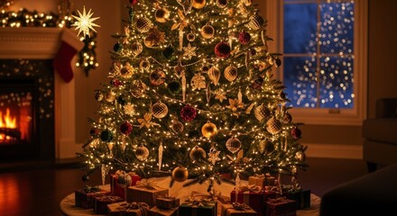 Illuminated holiday evergreen centerpiece glows brightly inside a cozy domestic setting with a hearth nearby