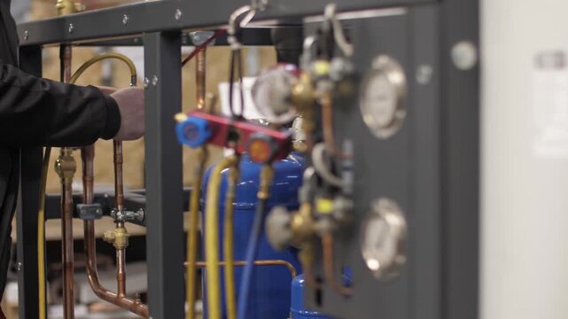 Technician servicing hvac refrigeration manifold gauge system.