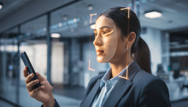 Woman Using Smartphone For Facial Recognition Scan In Modern Office Environment face recognition - Powered by Adobe
