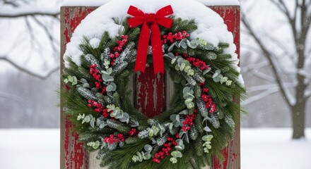 Evergreen holiday wreath adorned with red berries and bow rests against weathered wood in winter