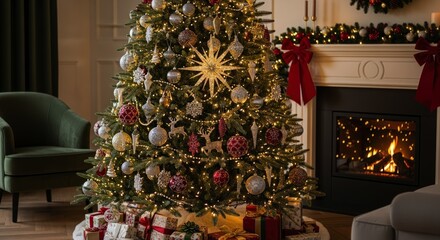 Decorated evergreen tree shines brightly next to a warm fireplace in a cozy room setting