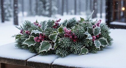 Festive evergreen arrangement adorned with frosted berries rests on a snow-covered wooden surface during a snowfall