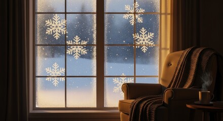Cozy indoor setting features a window displaying frosted patterns and decorative snowflakes overlooking a snowy landscape.
