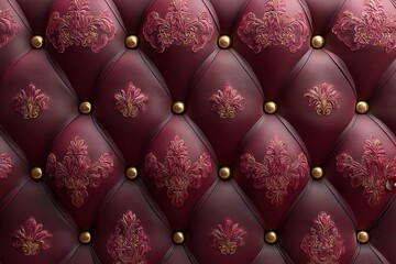 Naklejka premium Luxurious burgundy diamond quilted velvet with gold studs for upholstery and décor photography