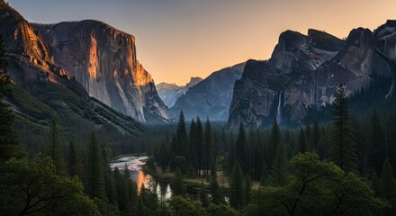 Massive granite monoliths frame a lush valley floor with a meandering river at sunset