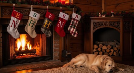 Four personalized stockings hang above a roaring fire while a domestic canine rests on the rug