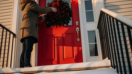 Woman Hanging Christmas Wreath on Red Front Door in Snowy Winter Scene