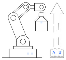 Language automation, robotics, machine learning, digital translation, innovation, technology. A robotic arm with a book and upward arrow. Language automation and robotics concept