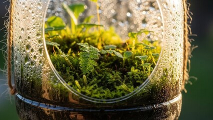 Greenery and moss thriving inside a repurposed plastic bottle terrarium with water droplets clinging to the surface illuminated by soft natural light