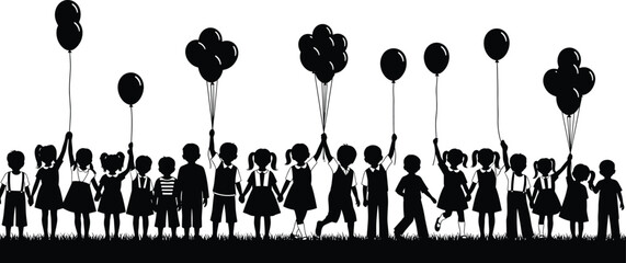 Happy children silhouette holding balloons together in joyful outdoor celebration of friendship unity freedom childhood and community bonding fun memory