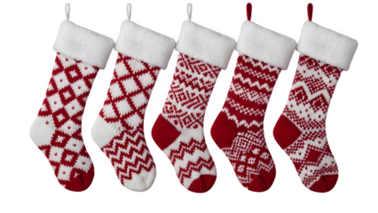 Festive red and white knitted christmas stockings hanging in a row isolated on transparent background