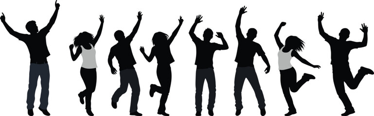 Happy energetic people silhouette jumping and dancing together in celebration of freedom youth unity party joy movement lifestyle energy fun spirit