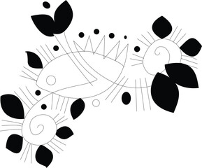 Stylized black and white organic floral pattern with leaves, spirals, and intricate line art decoration isolated on transparent background, Vector