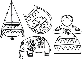 Indian cultural outline set: elephant, hanging pot, traditional doll, and decorative scoop vector illustration isolated on transparent background, Vector
