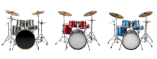 Rhythmic Spectrum: A vibrant collection of drum sets, each radiating its unique personality through its colored components.
