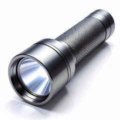 Metallic Flashlight With Textured Handle And Bright Light On White Background
