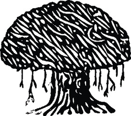Stylized black and white illustration of a banyan tree with hanging roots, graphic design element isolated on transparent background, Vector