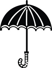 Black and white illustration of an open umbrella with a curved handle, isolated on