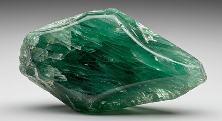 Fototapeta premium 光を透過し神秘的な輝きを放つ深緑の未加工原石 自然が創り出す壮麗な透明感と質感を持つ鉱物のクローズアップ. AI Generated