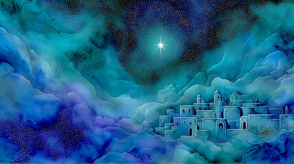A painted landscape of the town of Bethlehem in blue and green tones. The Christmas star over Bethlehem. The birth of Jesus Christ. The history of Bethlehem. Christmas magic, holy atmosphere