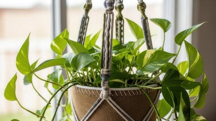 Hanging Pothos Plant in Decorative Macrame Holder Near Window with Natural Light and Water Droplets on Leaves