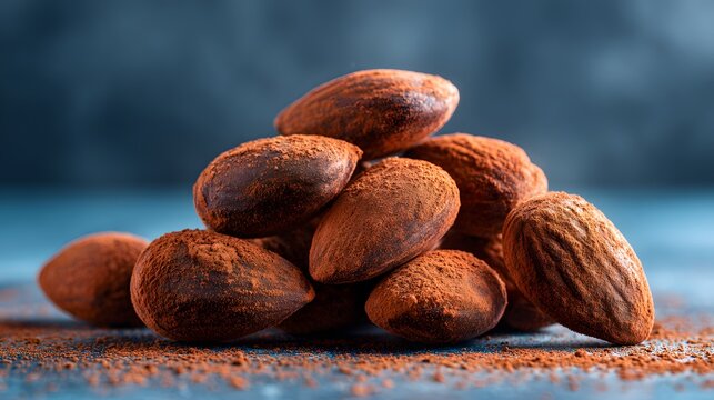 Pile of almonds with chocolate powder on top. Concept of indulgence and luxury, as the almonds are covered in a rich, dark chocolate coating
