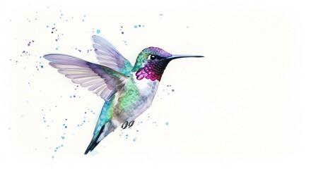 Fototapeta premium 透明感あふれる水彩で描かれた色彩豊かなハチドリが光を浴びて軽やかに舞い上がる 白い空間に飛び散る鮮やかな絵の具のしぶきが生命力と躍動感を際立たせる美しいイラスト. AI Generated