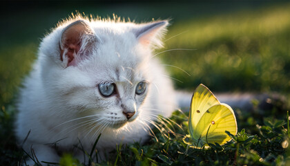 Kitten Watching Butterfly
Description: A white kitten observing a yellow butterfly with a soft and innocent mood.