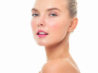 Beautiful face of young adult woman with clean fresh skin. Looking at Camera.