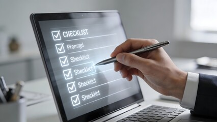 Person checking items on digital checklist