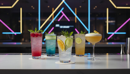 Colorful refreshing detox drink on a modern bar, highlighting wellness, hydration and healthy nutrition after holiday indulgence. Fresh ingredient, light flavor and clean lifestyle concept.