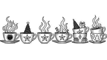 Hand drawn stack of teacups with whimsical designs and rising steam