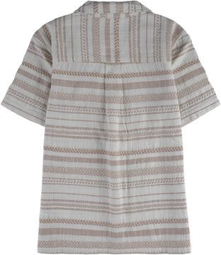 Back of a striped short sleeve button up shirt isolated on transparent background
