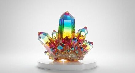 光を浴びて虹色に輝くクリスタルクラスター美しい色彩が幻想的な空間を創出. AI Generated