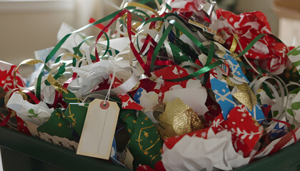 Pile of torn wrapping paper, ribbons and gift tags in a bin, capturing the realistic post-holiday mood. Colorful leftovers symbolize celebration ending, cleanup time and seasonal transition.