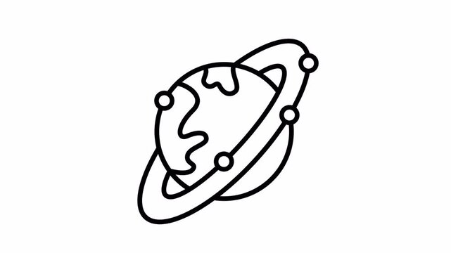 Global Network Planet Icon: Stylized Earth with Orbiting Satellites and Data Connections in Simple Line Icon Animation
