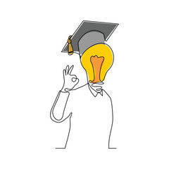 continuous single one line sketch drawing of man with bulb idea head wearing collage graduation hat cap. Smart genius people business finance and study school vector illustration editable stroke
