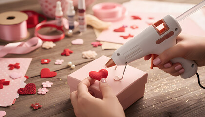Creative Valentines Day DIY scene with hands decorating a gift box using a glue gun and heart elements. Cozy handmade workspace perfect for romantic packaging, craft tutorials and festive design.