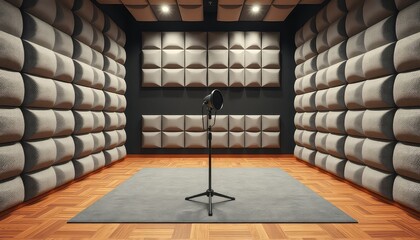 Professional acoustic treated recording studio with microphone ready for use