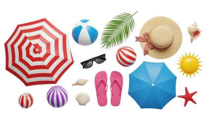 Colorful summer beach accessories collection including sunshade flip flops and tropical elements isolated on transparent background