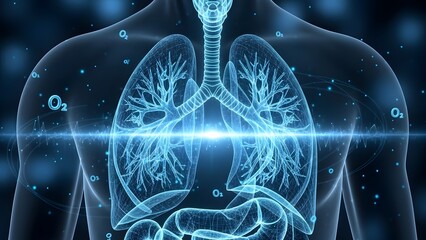 Human body with glowing lungs and oxygen molecules, digital health concept, futuristic medical interface