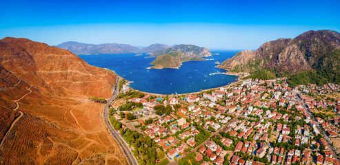 Icmeler town beach aerial panoramic view in Turkey