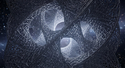 Intricate glowing digital network structure, an abstract representation of future technology or cosmic connections, evoking a sense of mystery and advanced innovation