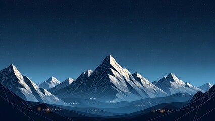 Minimalist geometric mountain landscape at night with starry sky and subtle city lights