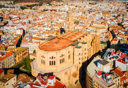 Malaga Cathedral aerial panoramic view in Andalusia, Spain